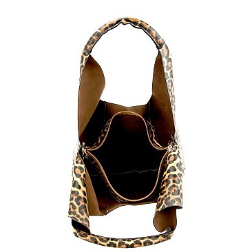 LEOPARD PRINT TWO TASSEL ACCENT HOBO SET