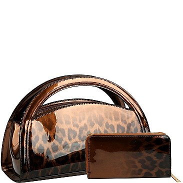 2-Way Half-Moon Gradated Leopard Patent Satchel Wallet SET