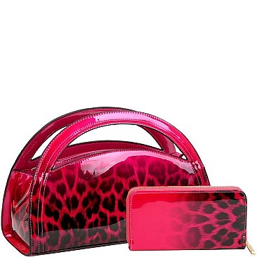 2-Way Half-Moon Gradated Leopard Patent Satchel Wallet SET