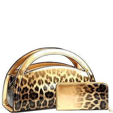 2-Way Half-Moon Gradated Leopard Patent Satchel Wallet SET