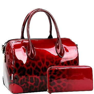 2-Way Gradated Leopard Patent Boston Satchel Wallet SET