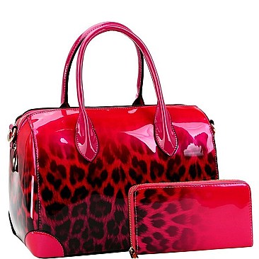 2-Way Gradated Leopard Patent Boston Satchel Wallet SET