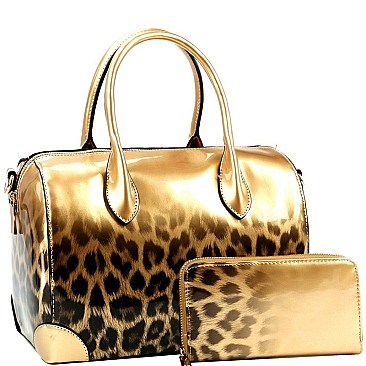2-Way Gradated Leopard Patent Boston Satchel Wallet SET