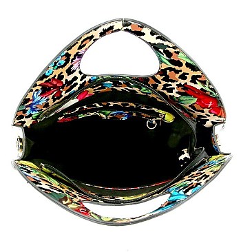 Round Flower Leopard Print Patent 2-Way Satchel Wallet SET