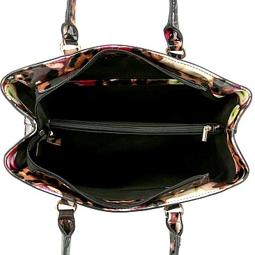 3-in-1 Flower Leopard Print Patent Satchel Wallet SET