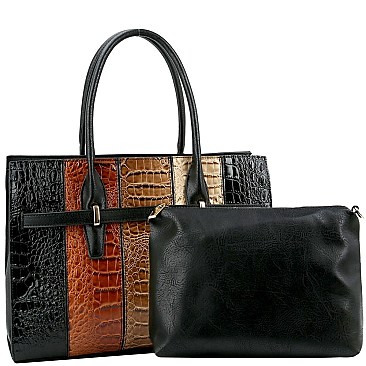2 in 1 Structured Color Block Crocodile Print Patchwork Satchel