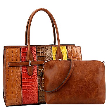 2 in 1 Structured Color Block Crocodile Print Patchwork Satchel