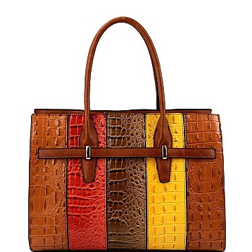 2 in 1 Structured Color Block Crocodile Print Patchwork Satchel