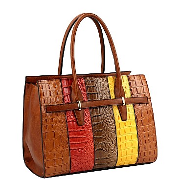 2 in 1 Structured Color Block Crocodile Print Patchwork Satchel