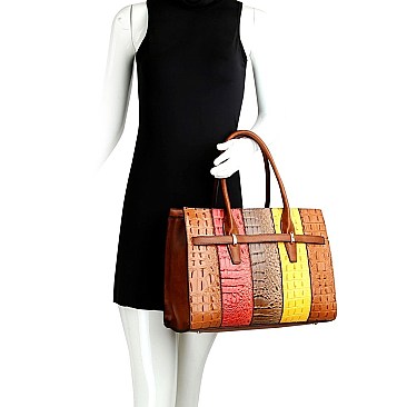 2 in 1 Structured Color Block Crocodile Print Patchwork Satchel