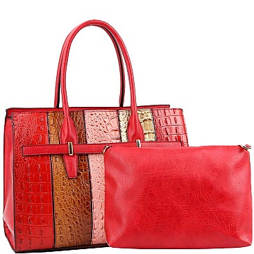 2 in 1 Structured Color Block Crocodile Print Patchwork Satchel