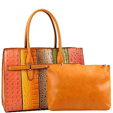 2 in 1 Structured Color Block Crocodile Print Patchwork Satchel