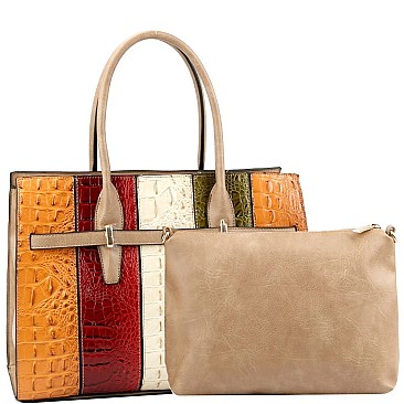 2 in 1 Structured Color Block Crocodile Print Patchwork Satchel