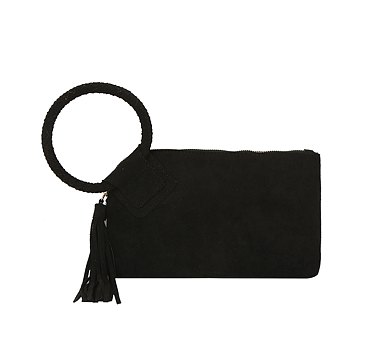 Suede Cuff Handle Tassel Wristlet Clutchq