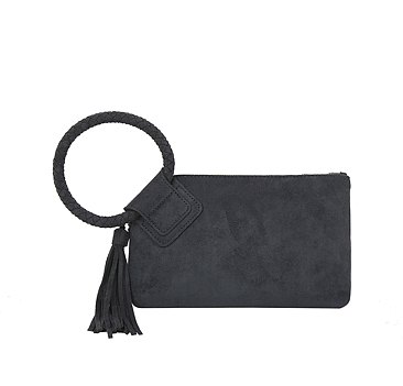 Suede Cuff Handle Tassel Wristlet Clutchq