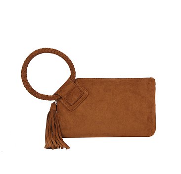 Suede Cuff Handle Tassel Wristlet Clutchq