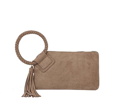 Suede Cuff Handle Tassel Wristlet Clutchq
