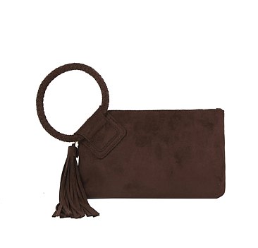 Suede Cuff Handle Tassel Wristlet Clutchq