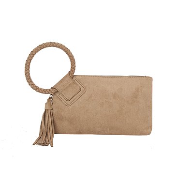 Suede Cuff Handle Tassel Wristlet Clutchq