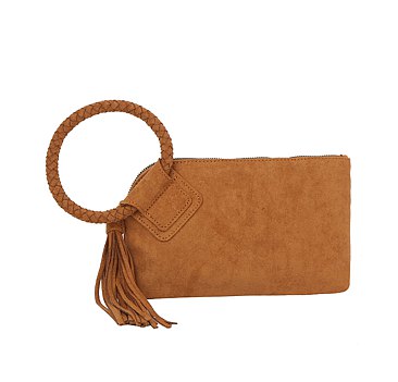 Suede Cuff Handle Tassel Wristlet Clutchq