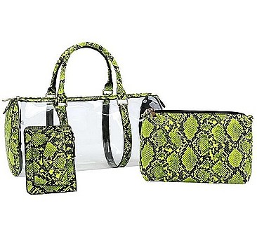 3IN1 TRENDY PYTHON PATTERN TRANSPARENT TUBE BAG WITH LONG STRAP