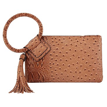 Ostrich Croc HandCuff Tassel Wristlet Clutch