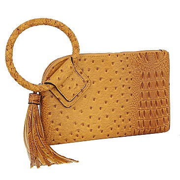 Ostrich Croc HandCuff Tassel Wristlet Clutch