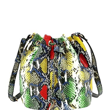 Medium Snake Print Drawstring Shoulder Bag