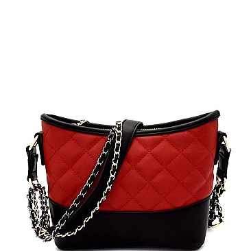 K6-6577-LP Chain Accent Quilted 2 Way 2 Tone Bucket Shoulder Bag