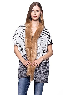 Fashionable Aztec Print Faux Fur Collar Vest FM-K6071