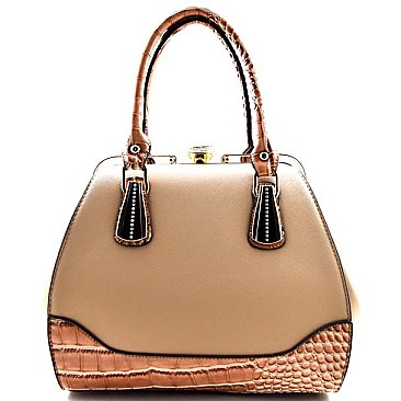 Elegant Jewel-top Frame Satchel with Accented Crocodile Print