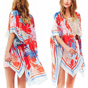 TROPICAL PRINT SILKY WOMEN'S COVER-UP KIMONO