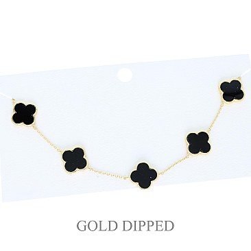TRENDY Four-Leaf Clover Charm Station Gold Dipped Necklace