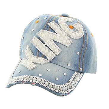 KING in Pearls & Rhinestone Studded Fashion Denim Cap MEZ697