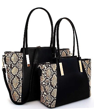 2 IN 1 TWO TONE PYTHON PATTERN SATCHEL SET