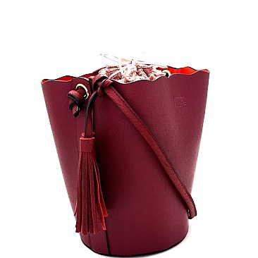 L0139-LP Tassel Accent Linen Lining Drawstring Bucket Shoulder Bag