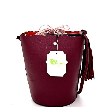 L0139-LP Tassel Accent Linen Lining Drawstring Bucket Shoulder Bag