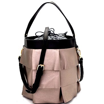 L0140-LP Linen Lining Drawstring Ruffled 2 Way Bucket Carry Bag