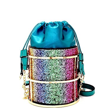 L0149-LP Unique Satin Drawstring Bag Glittery Framed Bucket Shoulder Bag