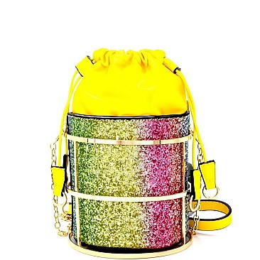 L0149-LP Unique Satin Drawstring Bag Glittery Framed Bucket Shoulder Bag