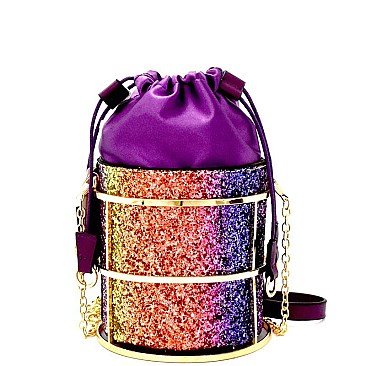 L0149-LP Unique Satin Drawstring Bag Glittery Framed Bucket Shoulder Bag