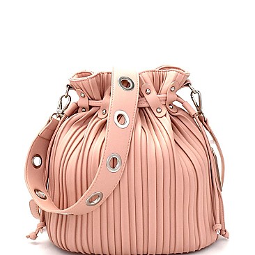 L0156-LP Vertically Lined Drawstring Shoulder Bag with Grommet Accent Strap