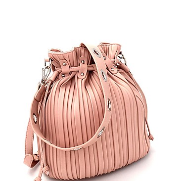 L0156-LP Vertically Lined Drawstring Shoulder Bag with Grommet Accent Strap