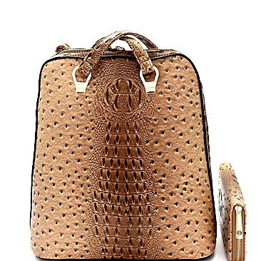 Ostrich Embossed Convertible Backpack Wallet SET MH-L0186W