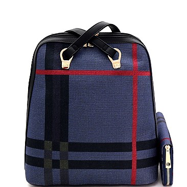Convertible Plaid Checker Print Linen Backpack Wallet SET