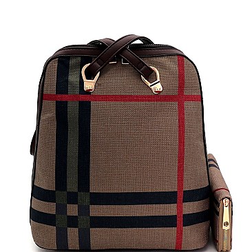 Convertible Plaid Checker Print Linen Backpack Wallet SET