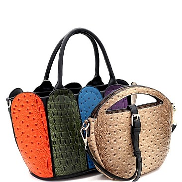 2 in 1 Ostrich Print Color Block Patchwork Satchel