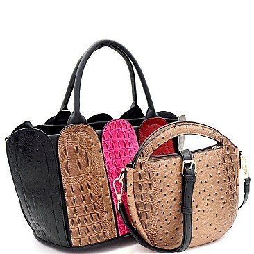 2 in 1 Ostrich Print Color Block Patchwork Satchel