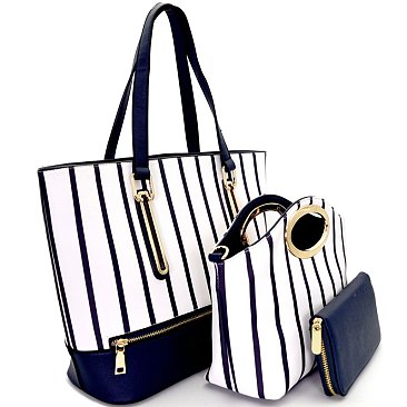 [S]L6484-LP Zipper Accent Striped 3 in 1 Tote SET