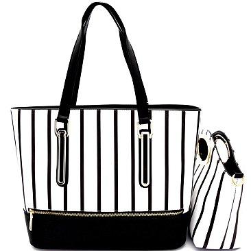 [S]L6484-LP Zipper Accent Striped 3 in 1 Tote SET